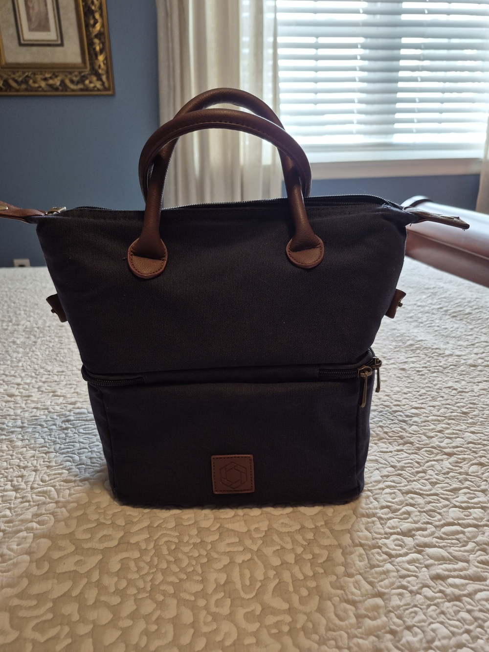 Canvas Top-Handle Insulated Lunch Tote Bag - Navy with Brown Accents